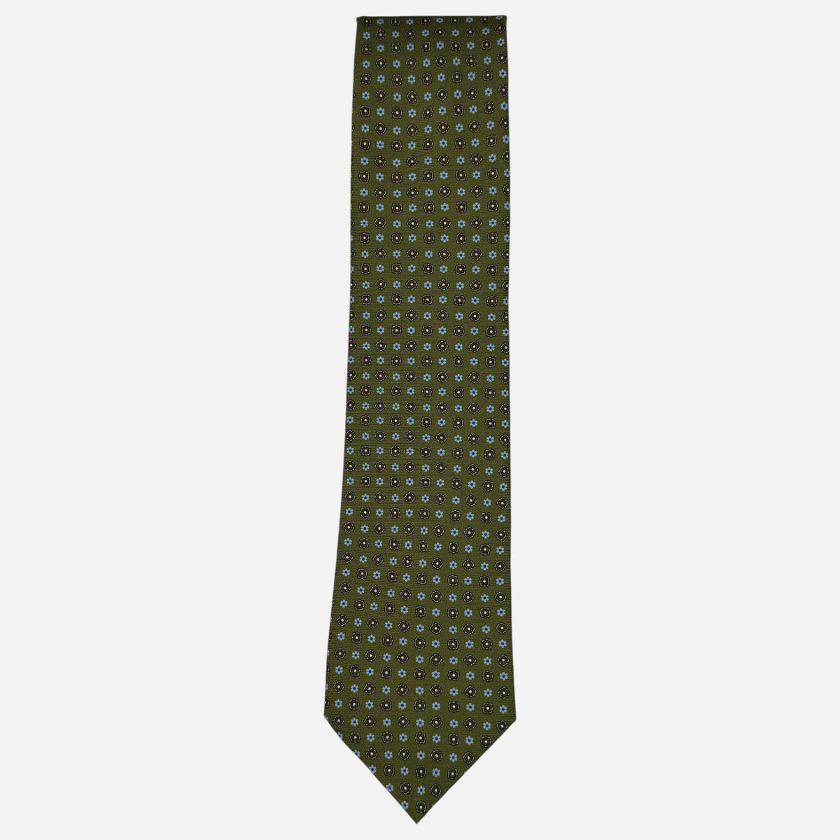 Mens olive neck tie with sky blue and olive miniature rosettes repeating across the silk.