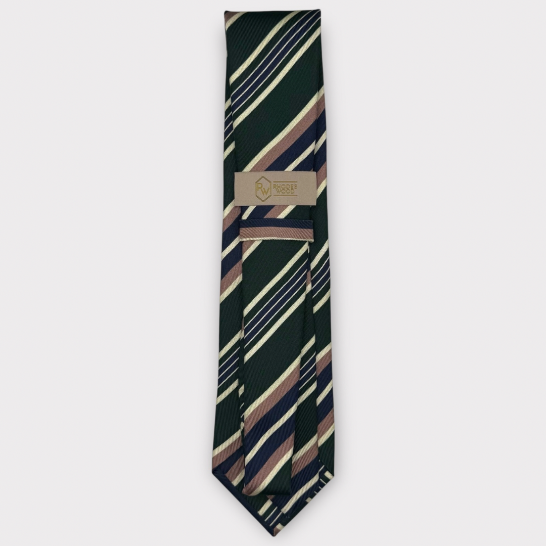 Classic silk necktie, printed in England, with a 9cm blade and 150cm length, laid flat against a plain background