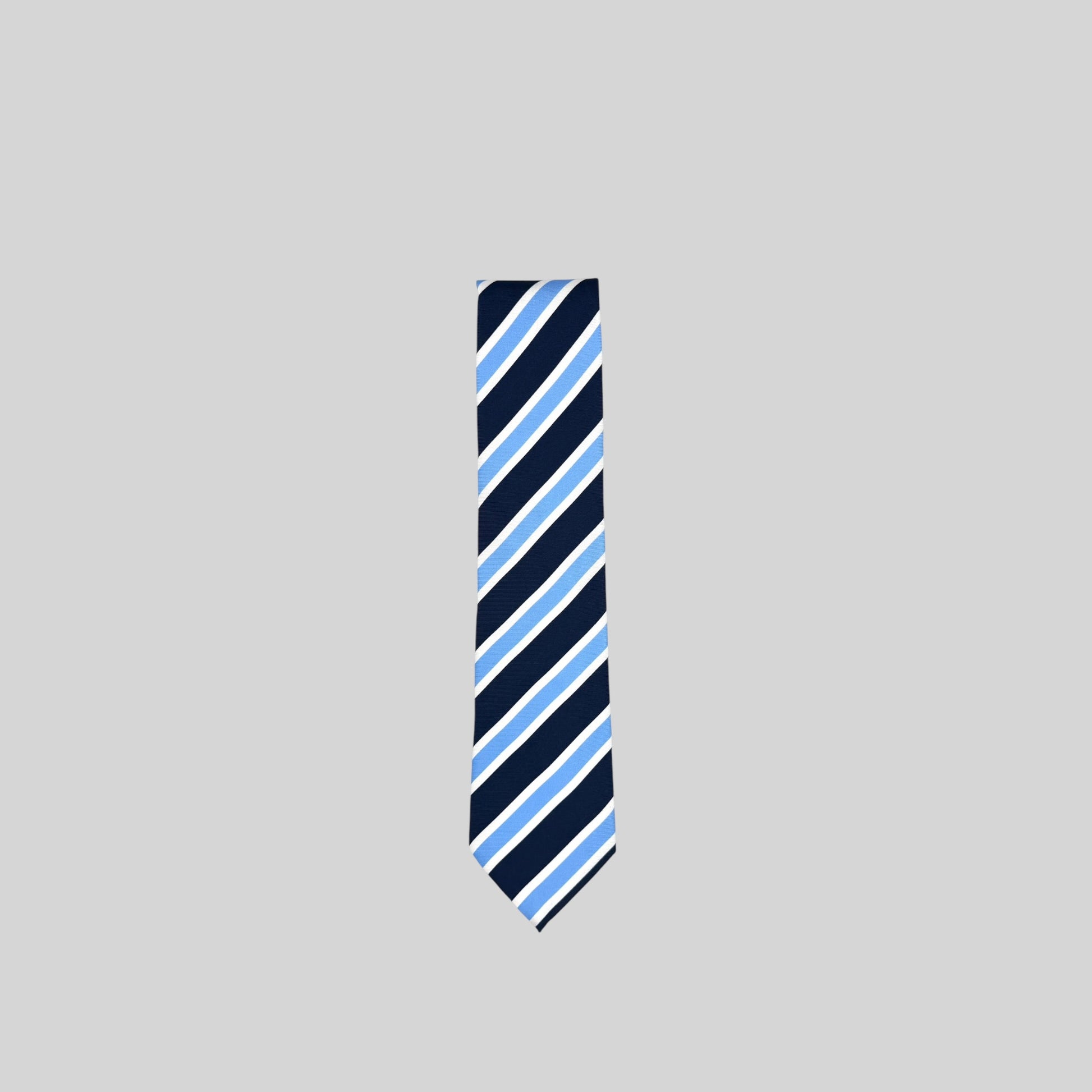 A necktie with diagonal stripes in navy blue, light blue, and white, centered on a solid light gray background.