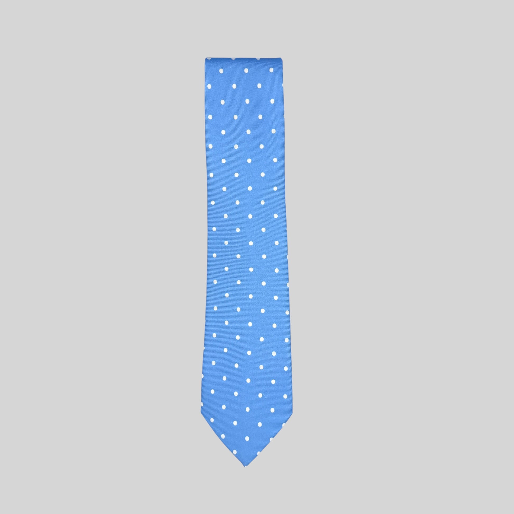light blue Rhodes Wood tie with white polka dots