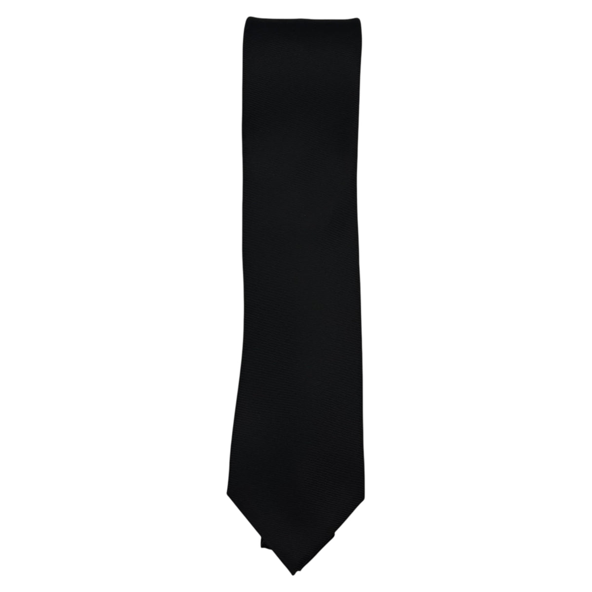 A classic black necktie, vertically oriented and centered, shown against a plain white background.