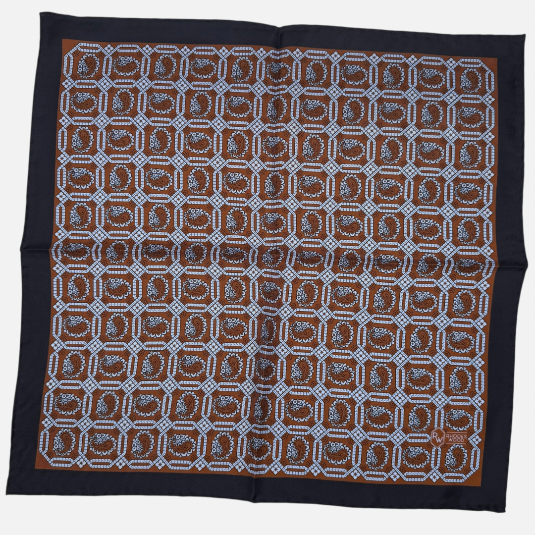 Brown & Sky Blue octagon Paisley pocket square with a navy border. 