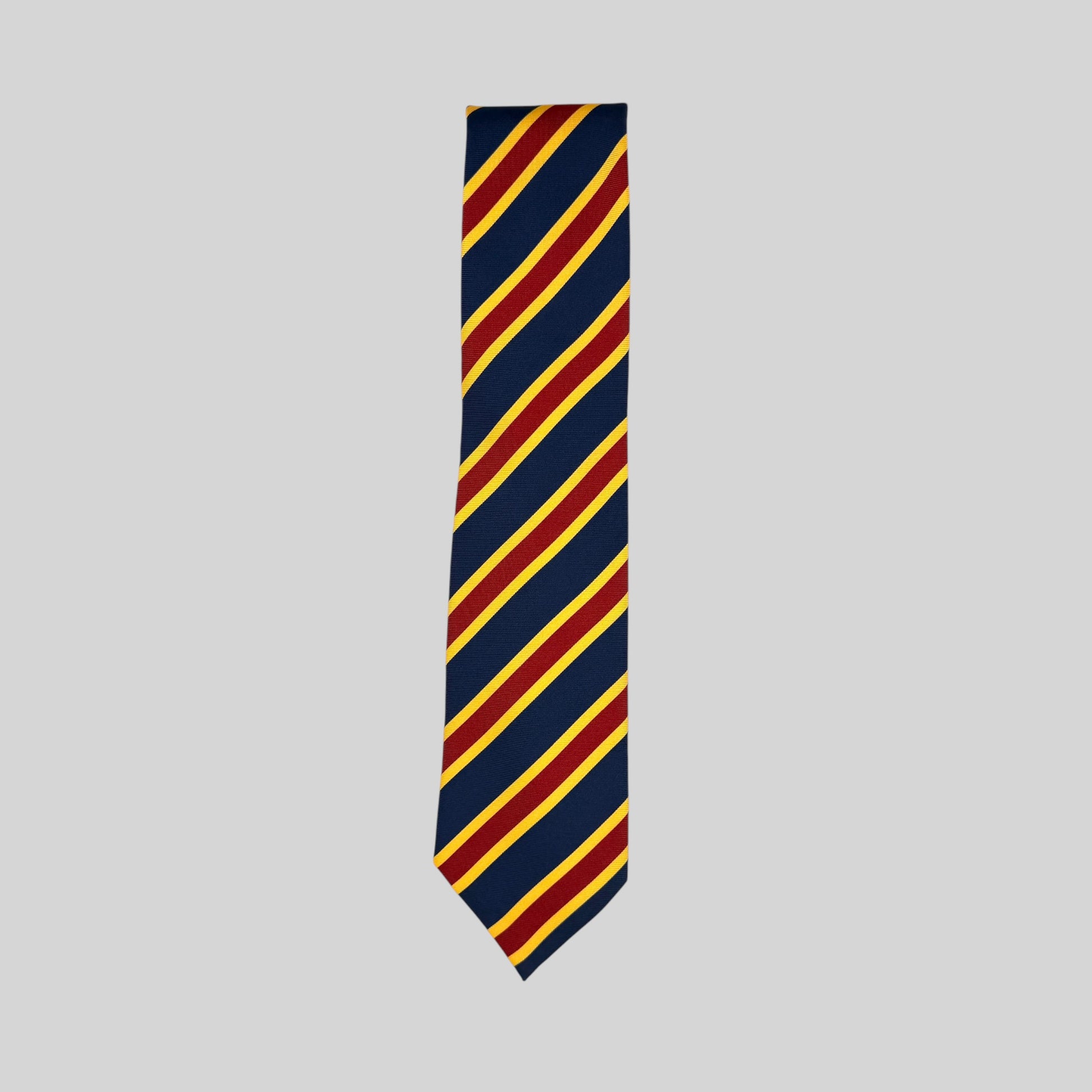 Rhodes Wood navy tie with red and yellow diagonal stripes 