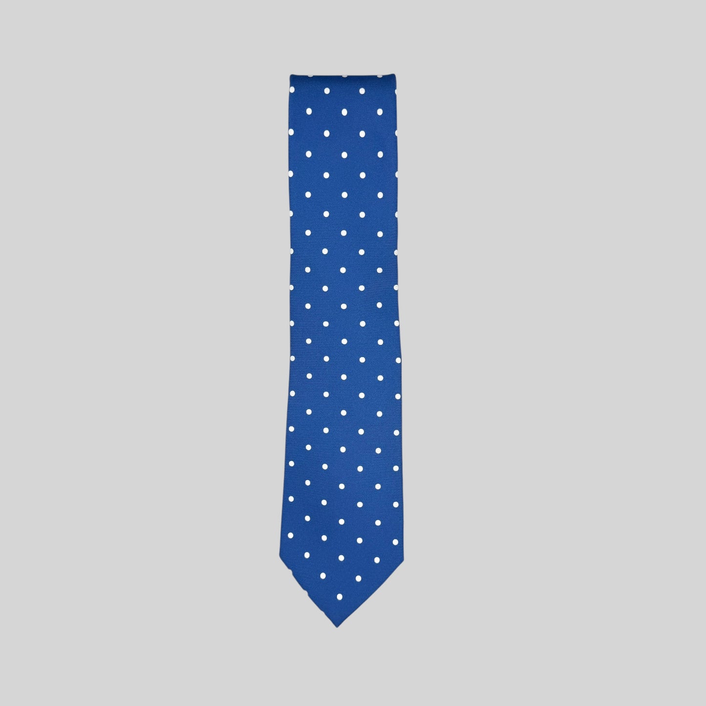 Rhodes Wood mid blue tie with white polka dots