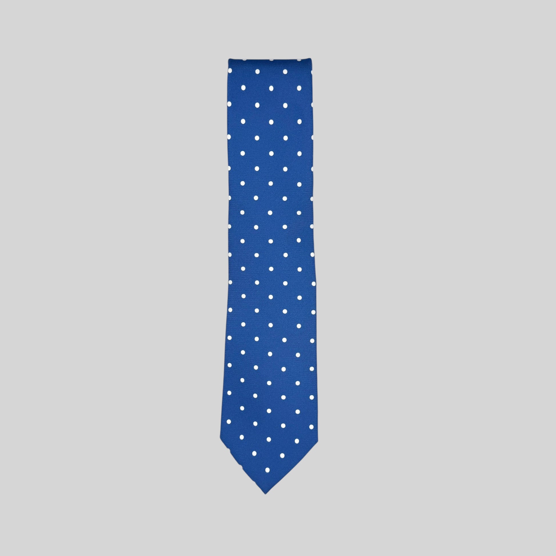 Rhodes Wood mid blue tie with white polka dots