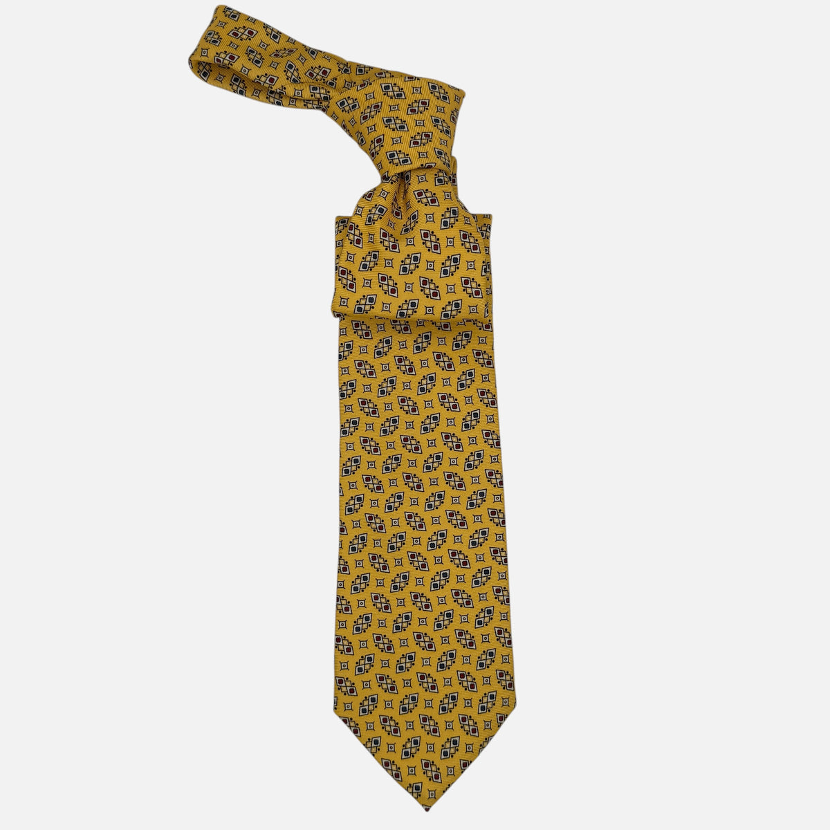 A yellow necktie with Geometric patterns. 