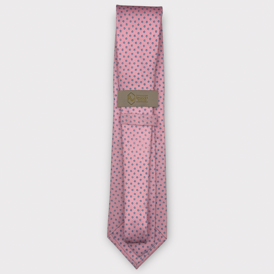 Classic silk necktie, printed in England, with a 9cm blade and 150cm length, laid flat against a plain background