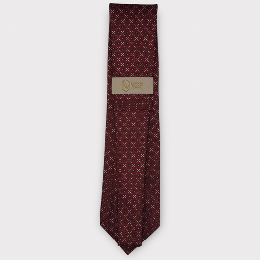 Classic silk necktie, printed in England, with a 9cm blade and 150cm length, laid flat against a plain background