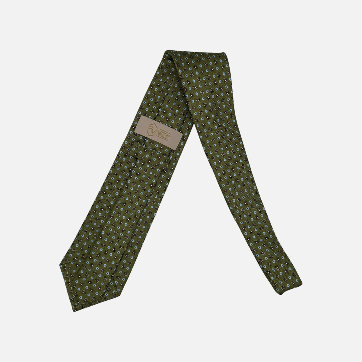 Mens olive neck tie with sky blue and olive miniature rosettes repeating across the silk.