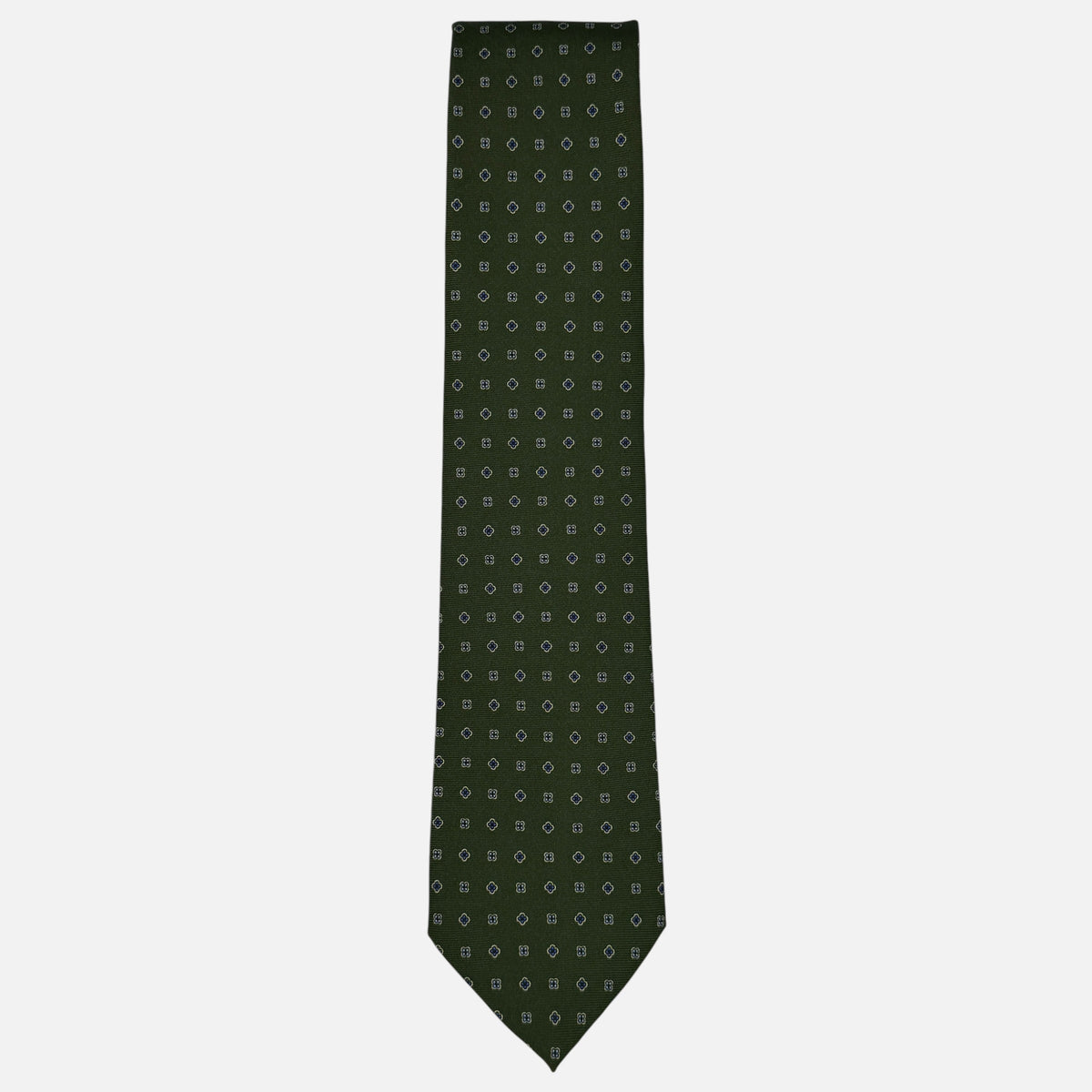 A bottle green necktie with small floral patterns. 
