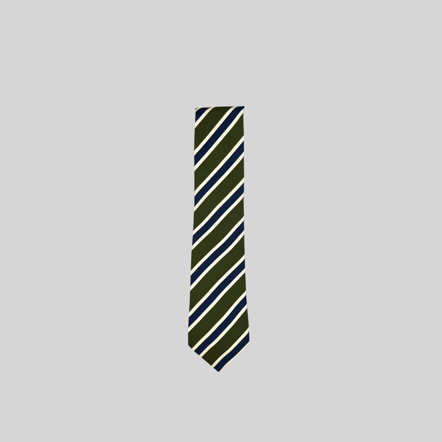 Rhodes Wood Olive tie with navy blue and ivory diagonal stripes 