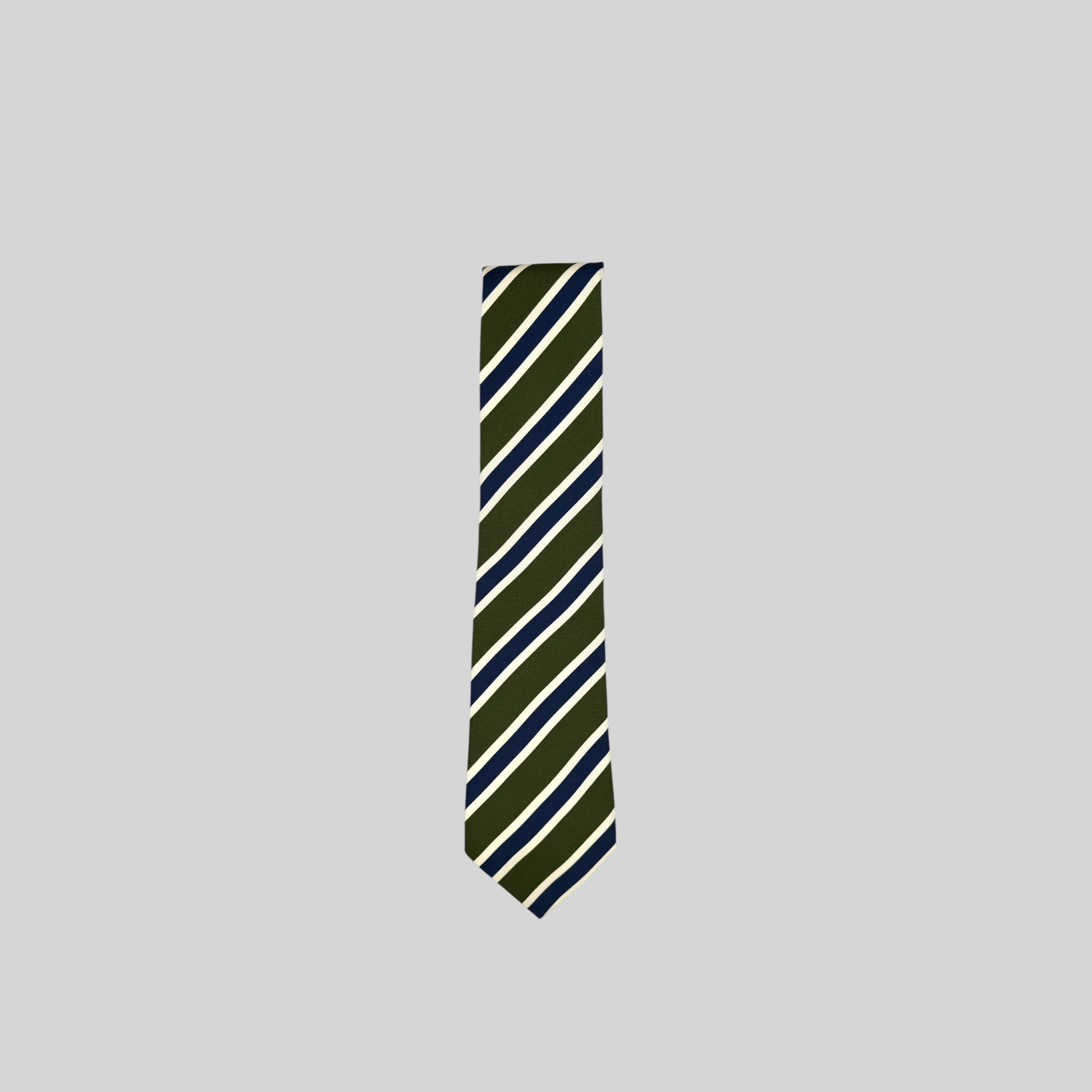 Rhodes Wood Olive tie with navy blue and ivory diagonal stripes 