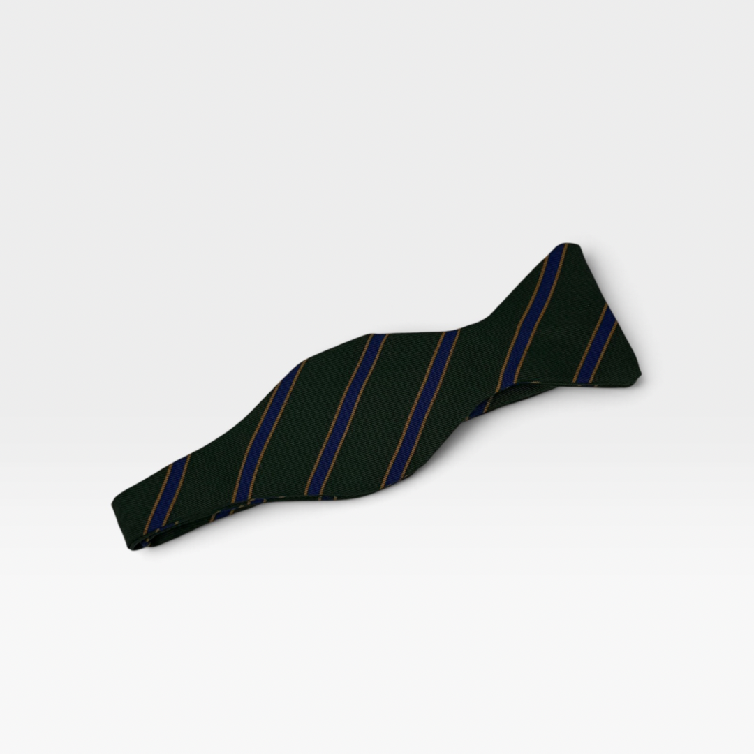 Green, blue and gold striped self tie bow tie