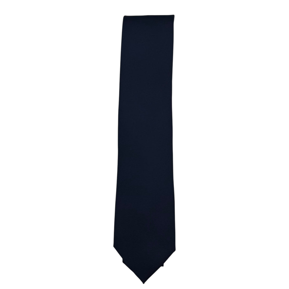 A classic navy blue necktie shown flat against a solid white background.
