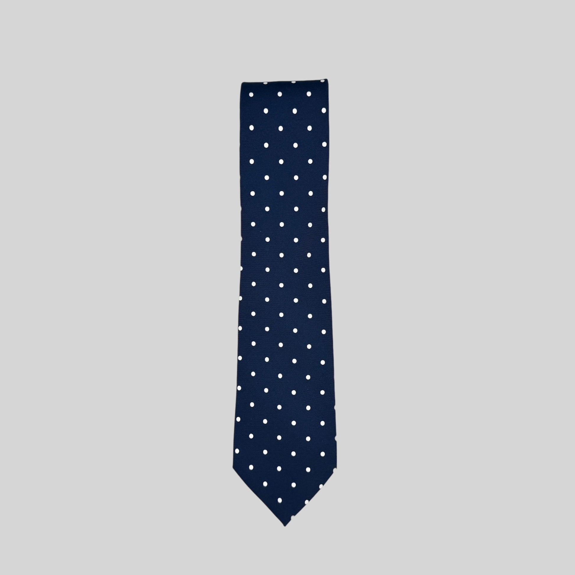 Rhodes Wood navy blue tie with white polka dots