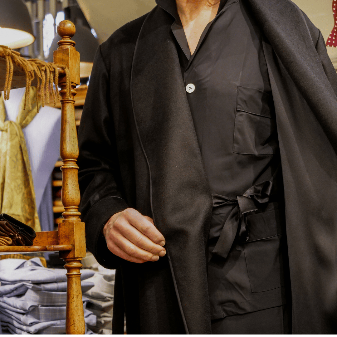 Black Dressing Gown with black silk piping