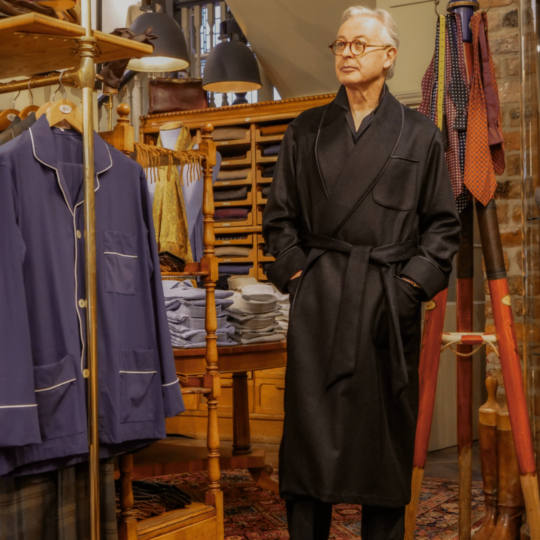 Black Dressing Gown with black silk piping