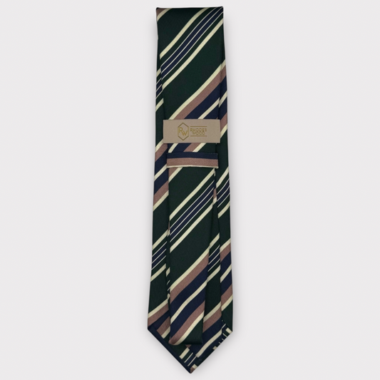 Classic silk necktie, printed in England, with a 9cm blade and 150cm length, laid flat against a plain background