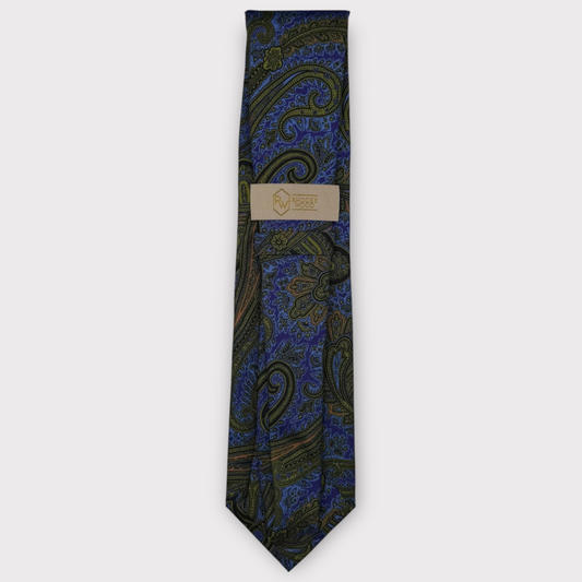 Classic silk necktie, printed in England, with a 9cm blade and 150cm length, laid flat against a plain background