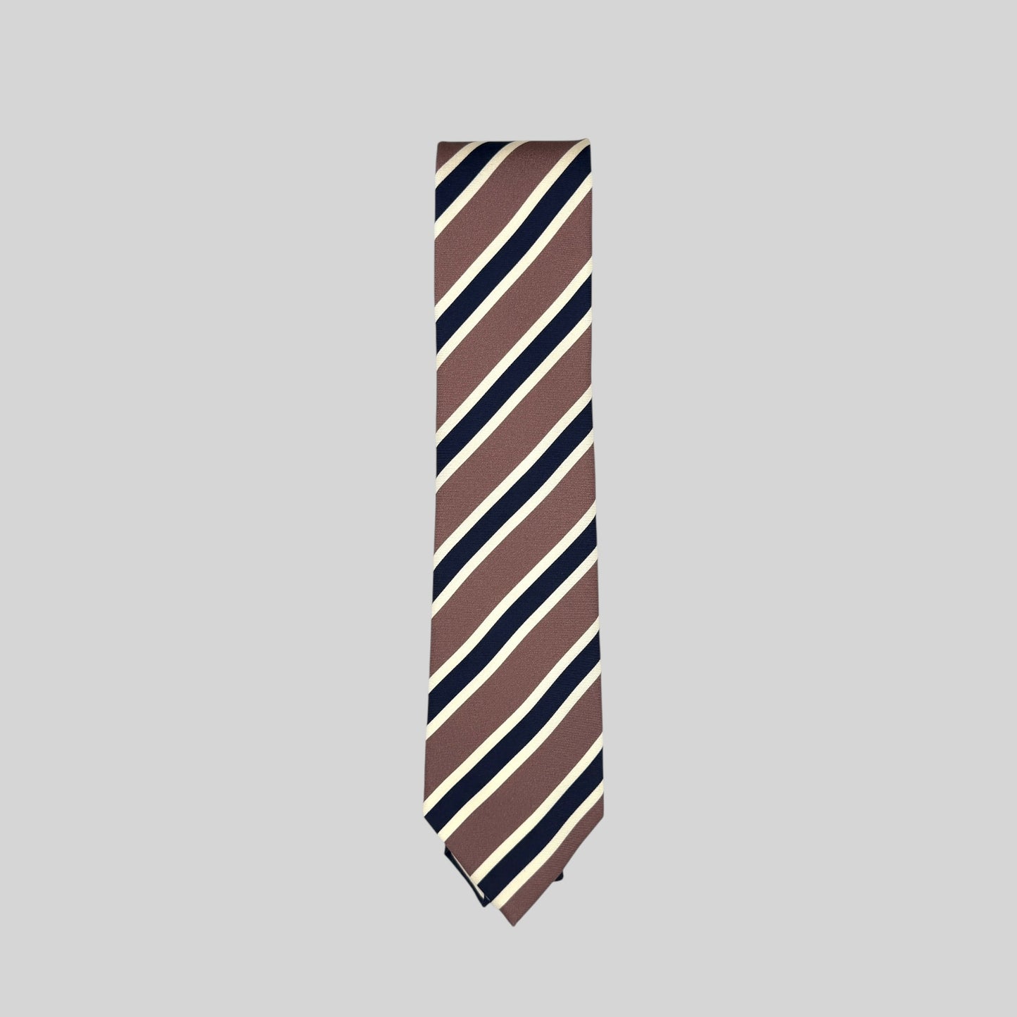 Mink coloured Rhodes Wood tie. with navy and ivory diagonal stripes
