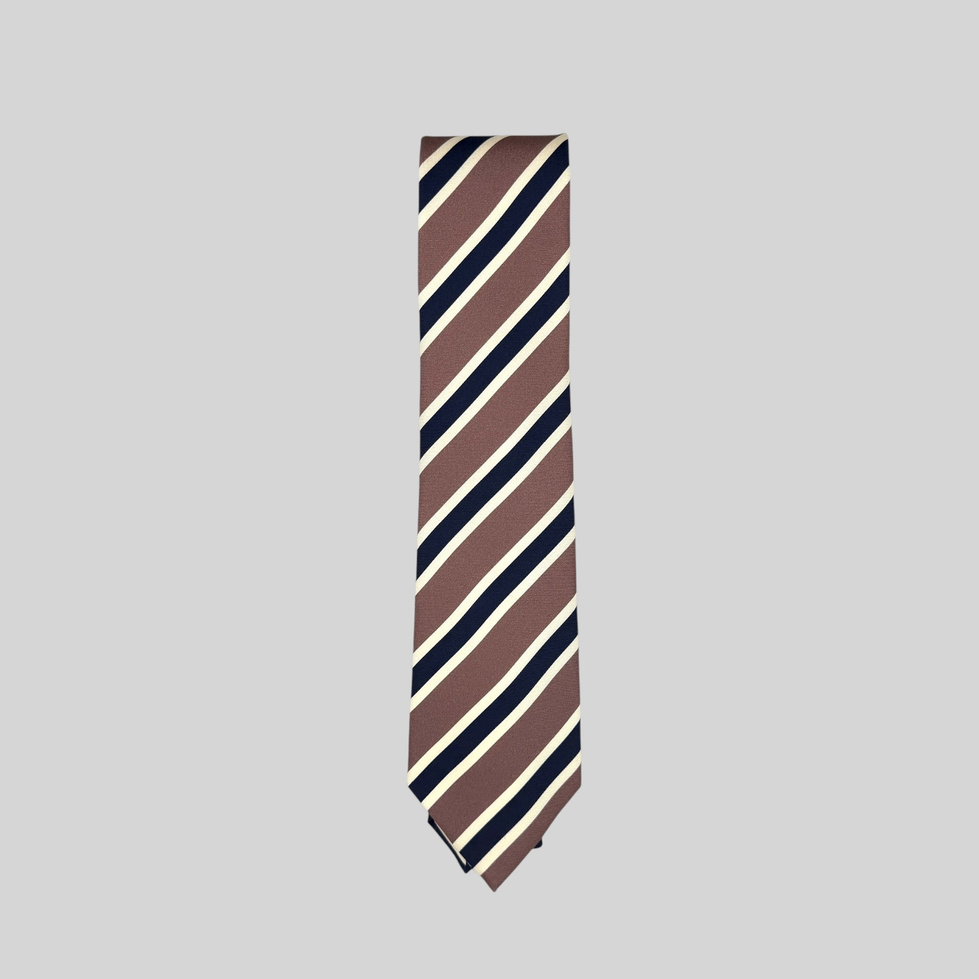 Mink coloured Rhodes Wood tie. with navy and ivory diagonal stripes