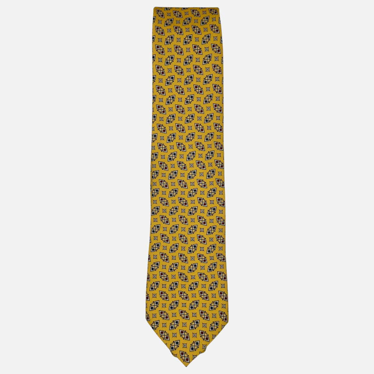 A yellow necktie with Geometric patterns.