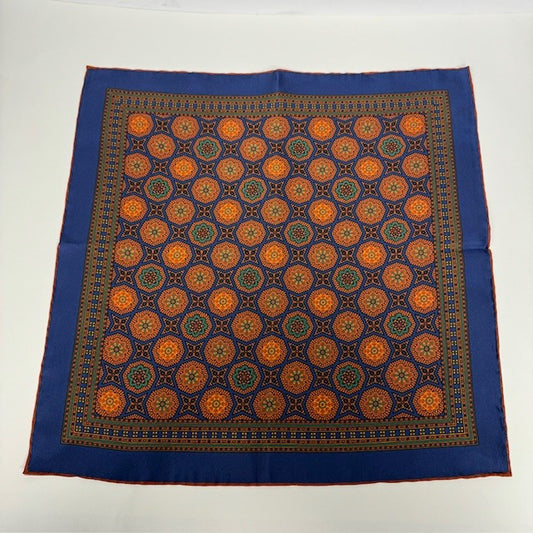 Rhodes Wood Orange and Navy medallion English silk pocket square