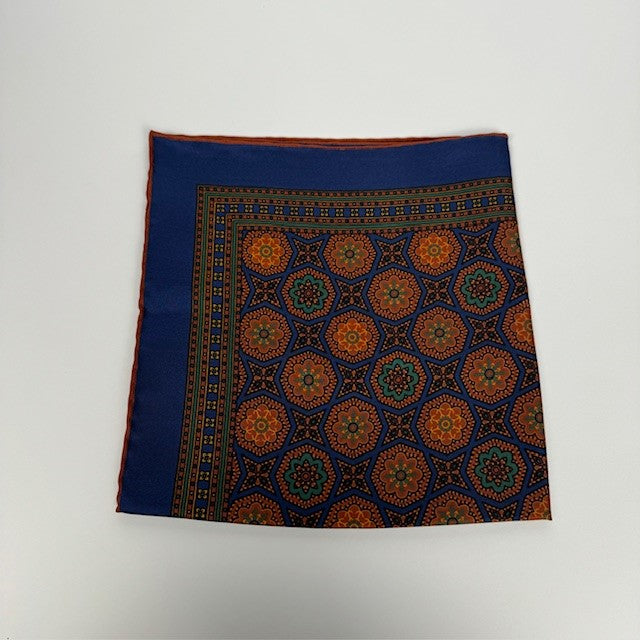 Rhodes Wood Orange and Navy medallion English silk pocket square